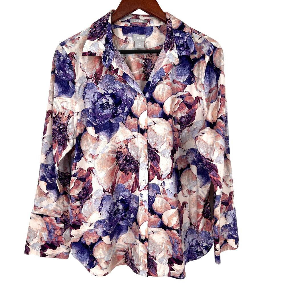 Chicos Chic Stretch No Iron LARGE 2 US 12 Purple Pink Formal Tropical Shirt Top - Picture 1 of 8